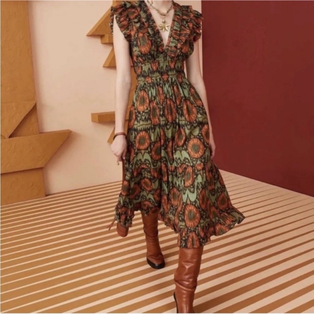 Ulla Johnson Green and Orange Floral Midi Dress